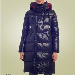 Black long winter coat new with hood sz Large Uk48